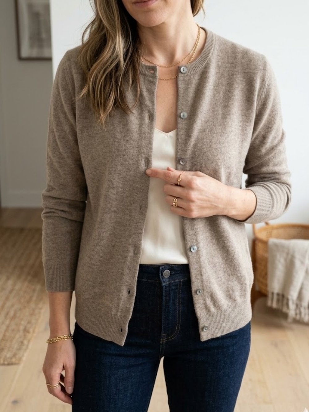 NWT Shabaduer Cashmere & Wool Blend Cardigan Sweater - Tan - Size M